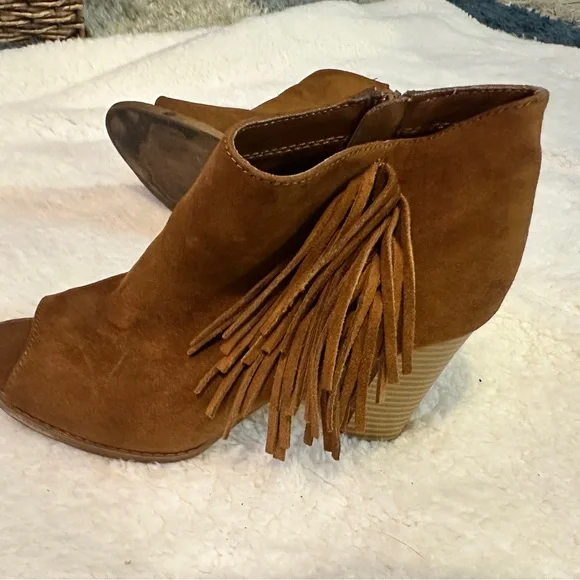 Express Tan Suede Ankle Chelsea Booties with Fringe & Open Toe - Picture 15 of 16